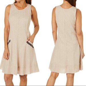 Roz & Ali Dress Khaki Linen Leopard Animal Print Trim Womens Size 16